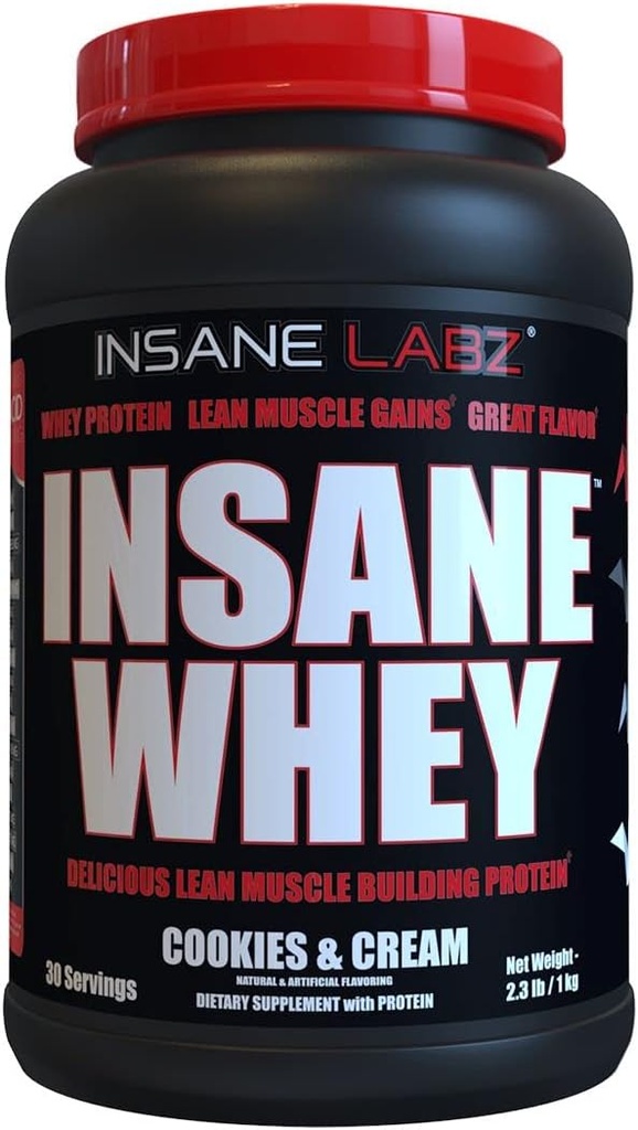 Insane Labz Insane Whey,100% Muscle Building Whey Protein, BCAA Amino Profile, Mass Gainer, Meal Replacement (Cookies &amp; Cream, 30 Servings)