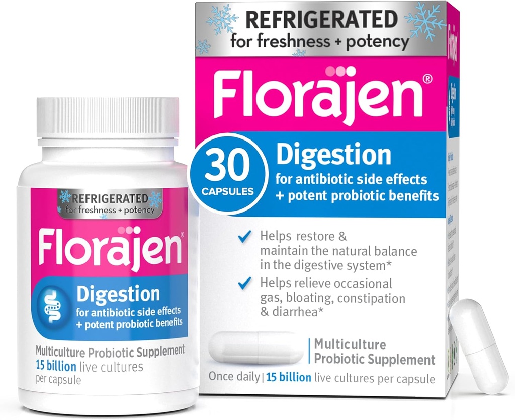 Florajen Digestion Probióticos, Gut Health Supplement with Constipation and Bloating Relief for Adults, 30 Count (Refrigerated)