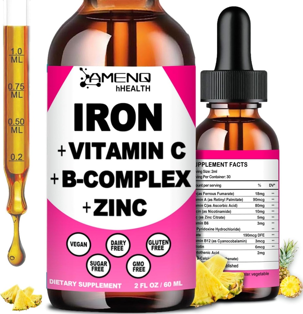 Suplemento de Hierro para Mujeres Hombres &amp; Niños, Iron Vitamina C, A, B-Complex, Vegan Iron gota de alta potencia Vitamina líquida &amp; Suplementos de Hierro para Anemia, Célula Roja, Energía, Constructor de Sangre, Gentle