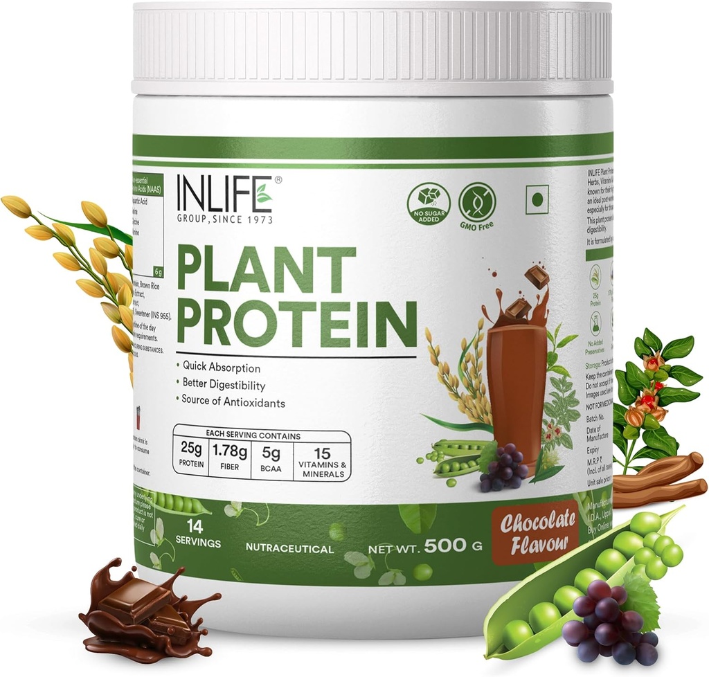 INLIFE Plant Protein Powder - Pea, Quinoa & Brown Rice - 25g Protein - Ashwagandha, Green Tea & Grape Seed Extract - Supplement (500 g, Chocolate)
