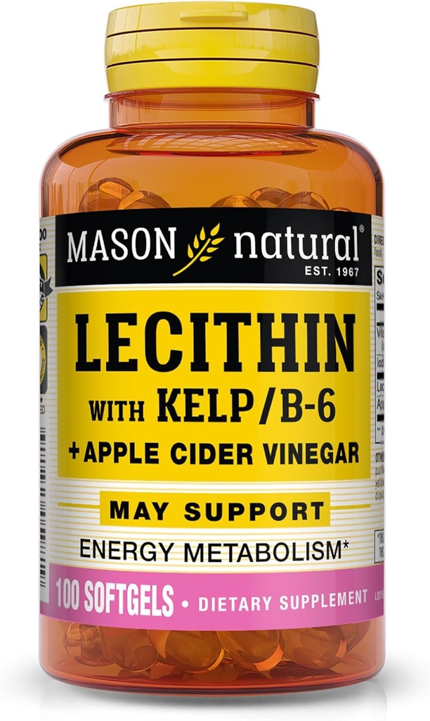 MASON NATURAL Lecithin con Kelp, Vitamina B6 &amp; Apple Sider Vinegar, Dual Action Formula, 100 Softgels