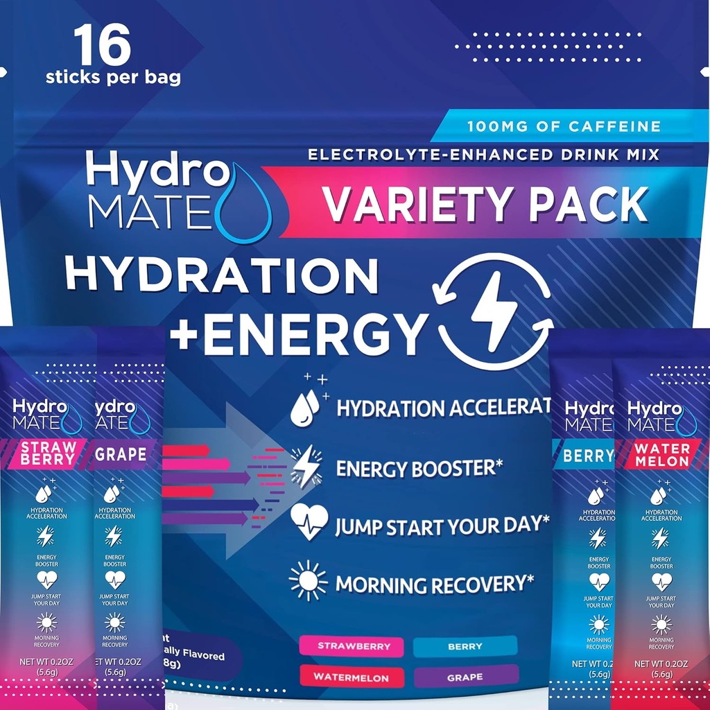 HydroMATE Electrolytes Powder Drink Mix Packets Hydration Accelerator Low Sugar Party Favores for Rapid Recovery Vitamin C Plus Caffeine Variety Pack 16 Sticks