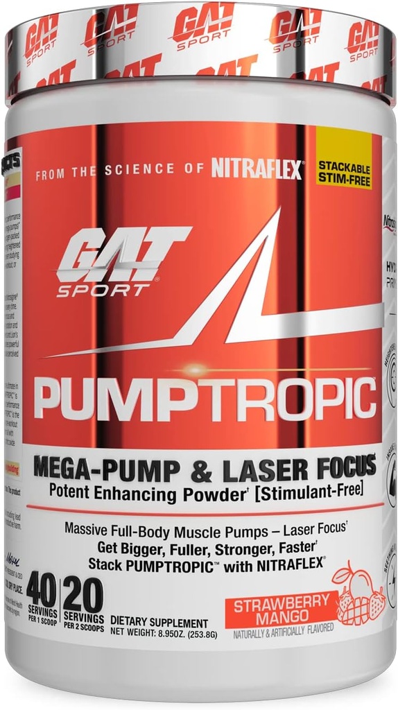 GAT Sport Pumptropic Mega-Pump " Laser Focus Potent Enhancing Powder (Stimulant-Free), 40 Servings (Strawberry Mango)