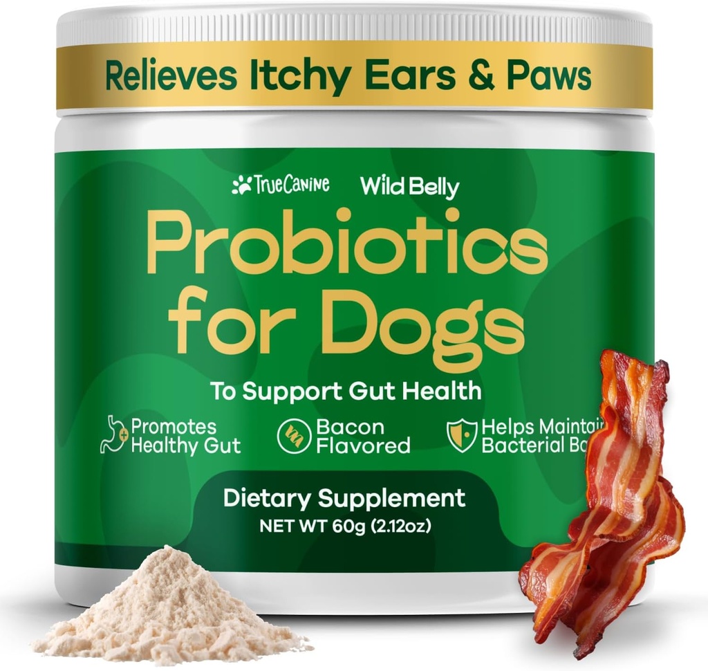Probióticos de perros para la salud digestiva - Probiótico para perros Gut Health & Alivio de la alergia - Probióticos para perros - Levadura, picazón de la piel y picazón de los oídos - Powder Alternativa a las mascotas - TrueCanine Wild Belly