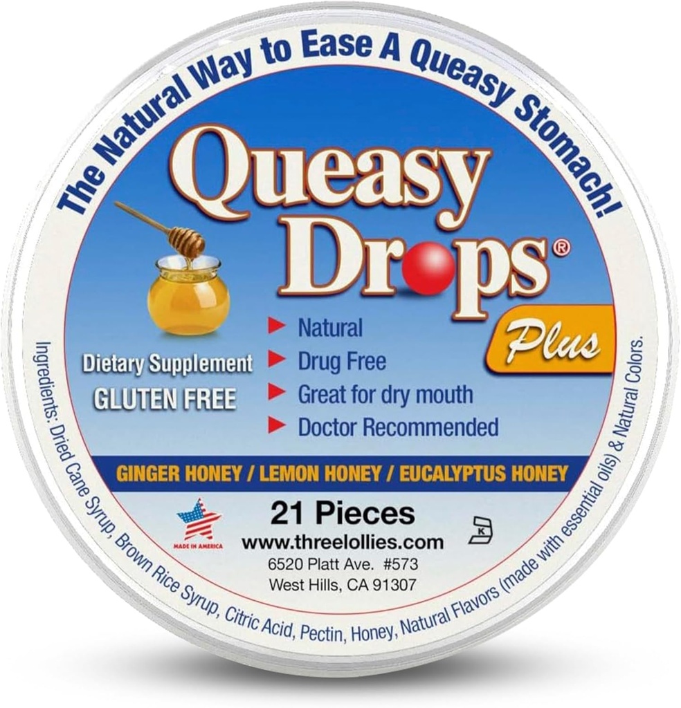 Three Lollies Queasy Drops Plus - Lozenges with Pectin &amp; Honey to Soothe a Dry Mouth - Alleviate Nausea & Motion Sickness - Natural - 21 ct