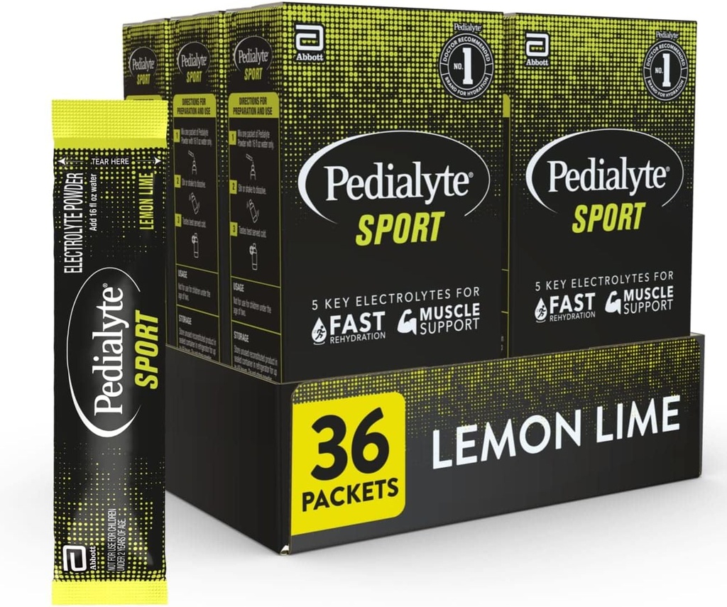 Pedialyte Sport Electrolyte Powder, Fast Hydration con 5 electrolitos clave para el soporte muscular antes, durante, " Después del ejercicio, Lemon Lime, 0.49-oz Packets (36 Conteo)