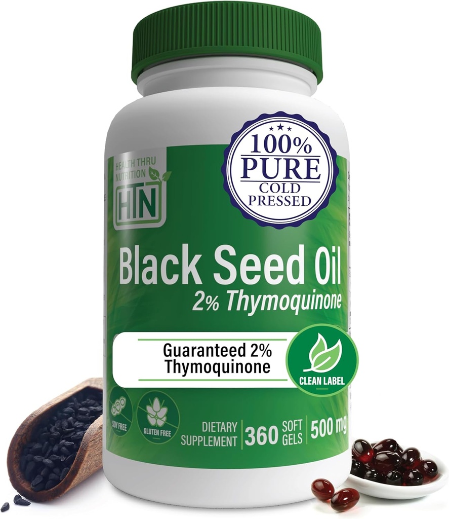 Health Thru Nutrition Black Seed Oil 500mg 360 Softgels ← High Potency 2% Thymoquinone ← 3rd Party Tested ← Pure Cold Pressed ← Orgánicamente Gown ← Non-GMO, Gluten Free, Soy Free