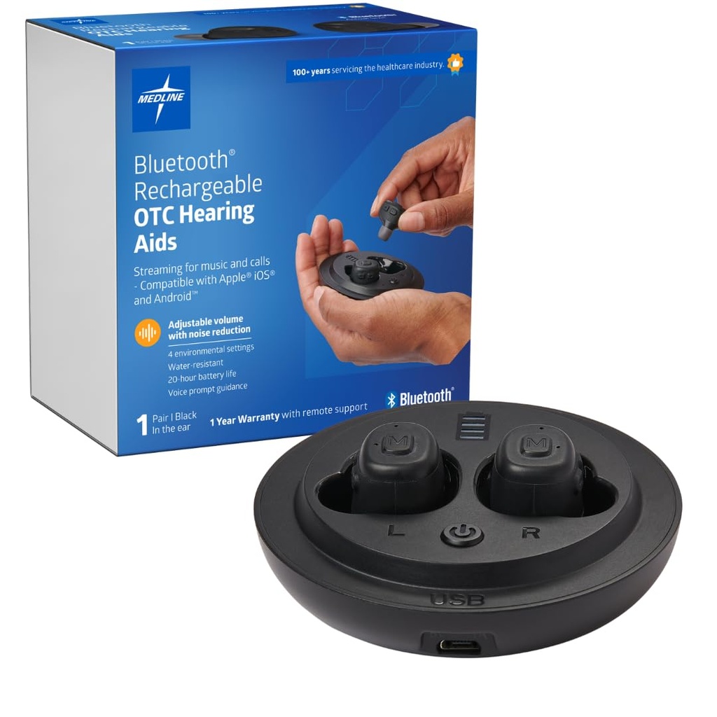 Medline Bluetooth Recargable OTC Ayudas de Audiencia, en-El-Oar, 4 Ajustes Ambientales, Resistentes al Agua, Volumen Ajustable, Pérdida de Audición Módica, Reducción de ruido, Earbud Ayudas de Audición