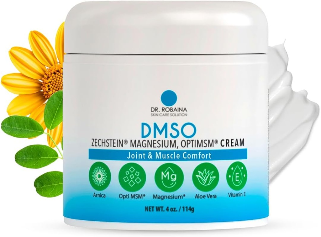 Dr. Robaina DMSO Cream - 99,9% Pure Pharmaceutical Grade ← Skin Relief Fórmula con Zechstein Magnesium, Arnica, Aloe Vera, Vitamina E ← Muscle & Joint Comfort TEN 4 oz ANTE Made in USA