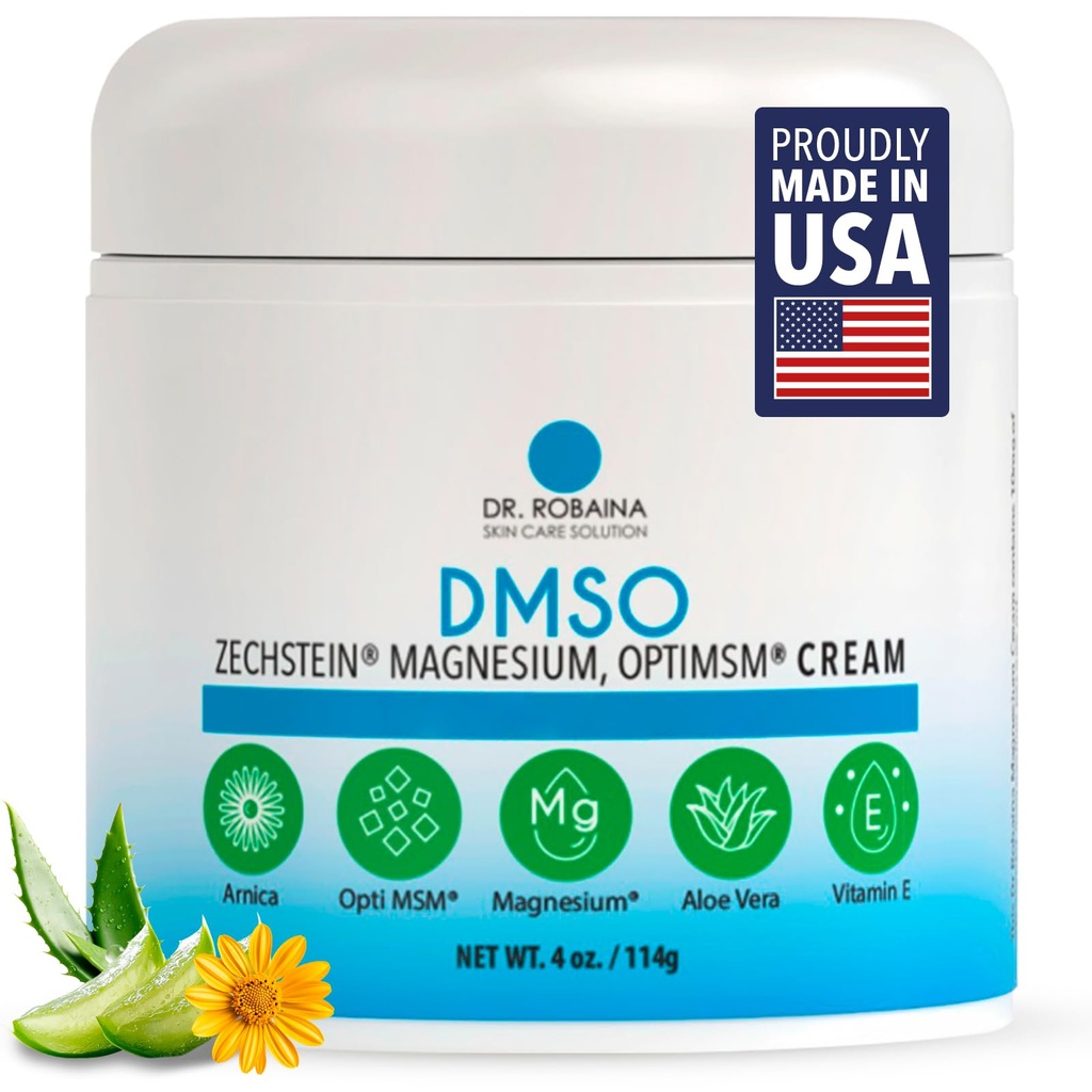 Dr. Robaina DMSO Cream - 99,9% Pure Pharmaceutical Grade ← Skin Relief Fórmula con Zechstein Magnesium, Arnica, Aloe Vera, Vitamina E ← Muscle & Joint Comfort TEN 4 oz ANTE Made in USA