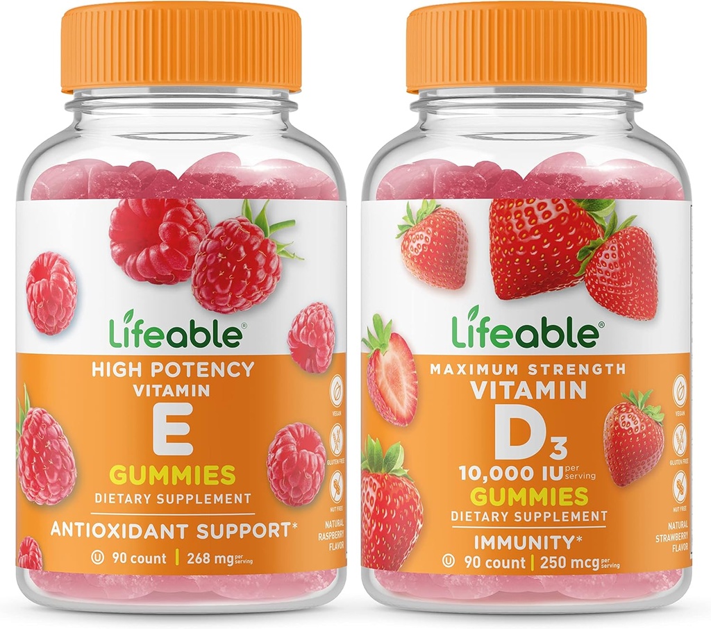 Vitamina E + Vitamina D 10000 UI, Gummies Bundle - Gran Tasting, Suplemento de vitaminas, Gluten Gratis, GMO Gratis, Chewable Gummy
