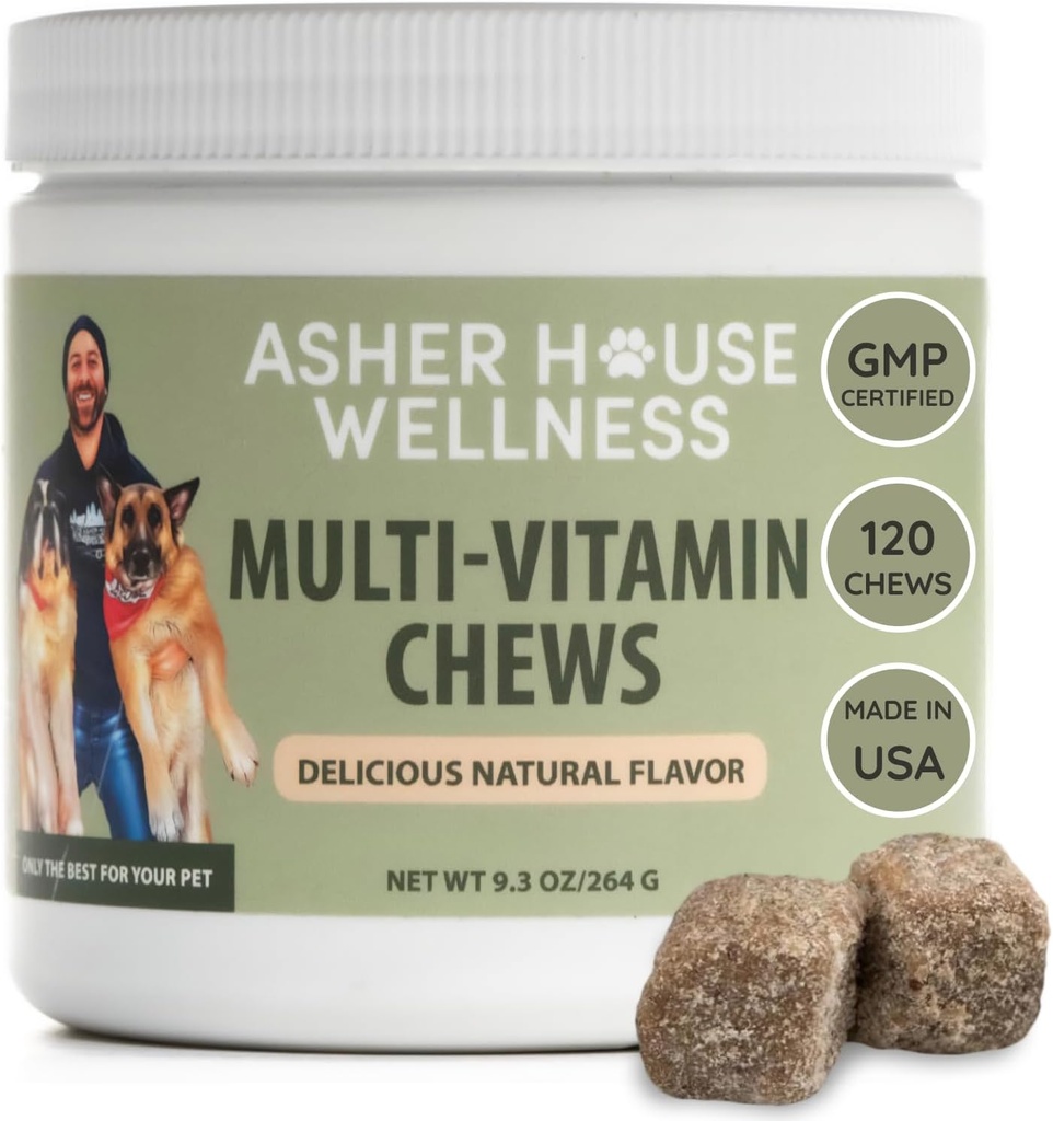 Asher House Wellness Dog Multivitamin Chews - Vitaminas y Suplementos para perros, Soft Chew for Pet Dogs with Probiotics, Flaxseed, Colostrum - Soporte integral de salud de Puppy a Senior, 120 Chews
