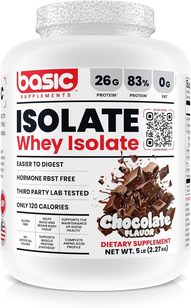 Isolato básico de proteína, 26g Proteína, grasa 0g, libre de gluten, RBST-Free, absorción rápida, 120 calorías (5 libras, chocolate)