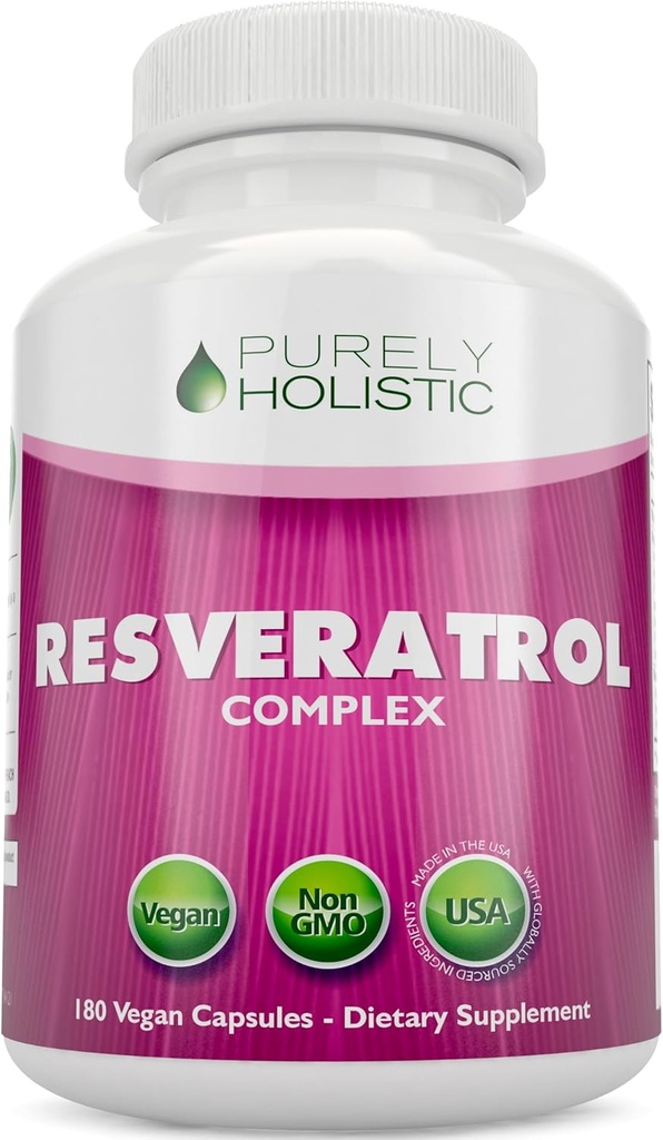 Resveratrol puramente Holístico 1450mg, 90 Servimientos, Suplemento Antioxidante Trans-Resveratrol con Complejo de Vitamina C y Polifenol, 180 cápsulas veganos
