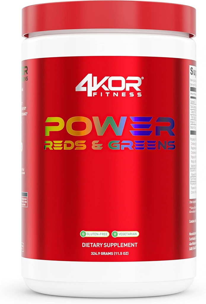 4KOR Fitness Power Reds &amp; Greens: an Energizing Greens Drink Made up of Antioxidant-Rich Superfoods, Gluten-Free and Vegetarian, 30 Servings (1 Bottle)