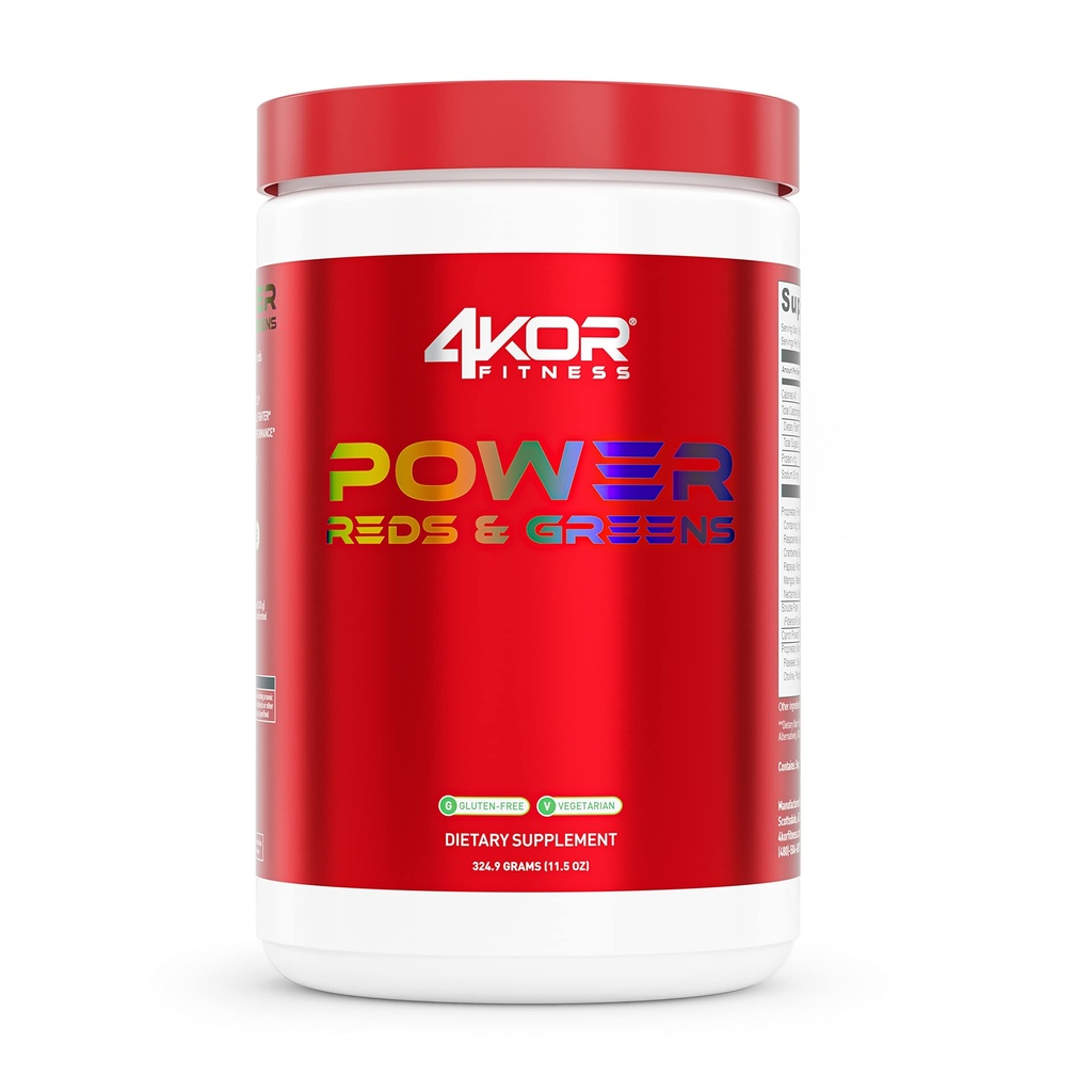 4KOR Fitness Power Reds &amp; Greens: an Energizing Greens Drink Made up of Antioxidant-Rich Superfoods, Gluten-Free and Vegetarian, 30 Servings (1 Bottle)