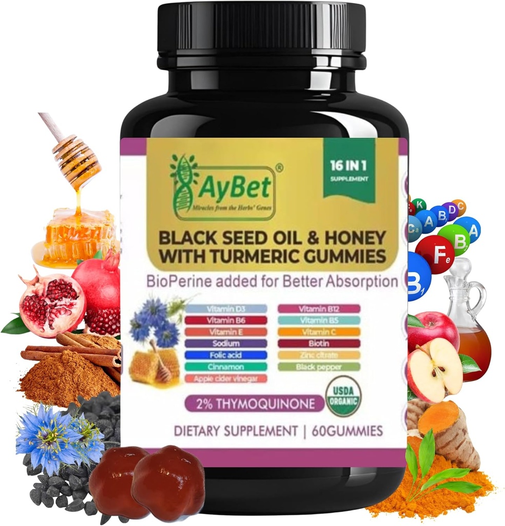 Black Seed Oil & Honey with Turmeric Gummies with BioPerine, Apple Cider Vinegar, Biotin, Zinc & Vitamins C D3 B12 – Immune, Detox, Energy & Hair Skin Nails Support – 60 Vegan, Halal, Organic Gummies