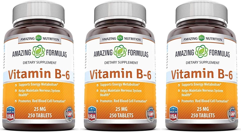 Fórmulas asombrosas Vitamina B6 Piridoxina 25mg 250 Tablets Suplemento No-GMO Silencio Gluten Gratis ← Made in USA (3 Pack)