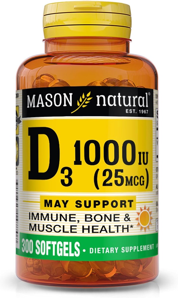 MASON NATURAL Vitamina D3 25 mcg (1000 UI), soporta la salud general, fortalece los huesos y los músculos, de Fish Liver Oil, 300 Softgels