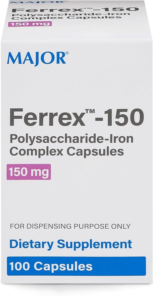 MAJOR Ferrex-150 Polysaccharide-Iron Complex Capsules 150mg Iron Supplement for Women and Men – Gentle on Stomach – 100 cápsulas