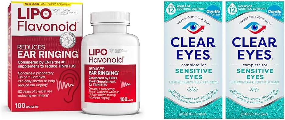 Lipo-Flavonoid Tinnitus Alivio Salud del oído Vitaminas 100 Caplets & Clear Eye Drops 0,5 Oz 2 Pack Bundle