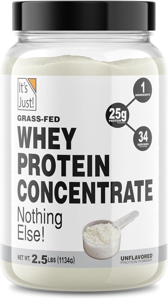 ¡Es sólo! - Concentrado de proteínas 100% Whey, Ranura de pasto de grano, hecho en Australia, hormona RBST/rBGH libre, Premium WPC-80, No hay sabores añadidos (Grass-Fed Unflavored, 2,5 libras)