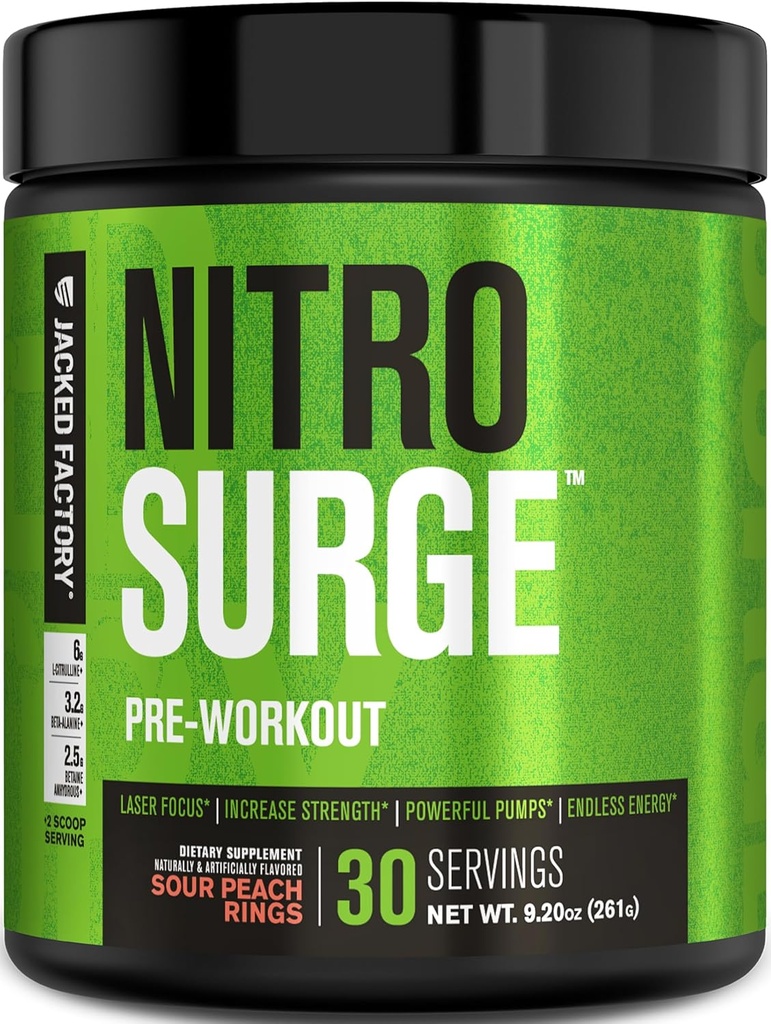 Jacked Factory NITROSURGE Pre Workout Suplemento - Endless Energy, Instant Strength Gains, Clear Focus, Bombas Intensas - NO Booster &amp; Powerful Preworkout Energy Powder - 30 Servings, Sour Peach Rings