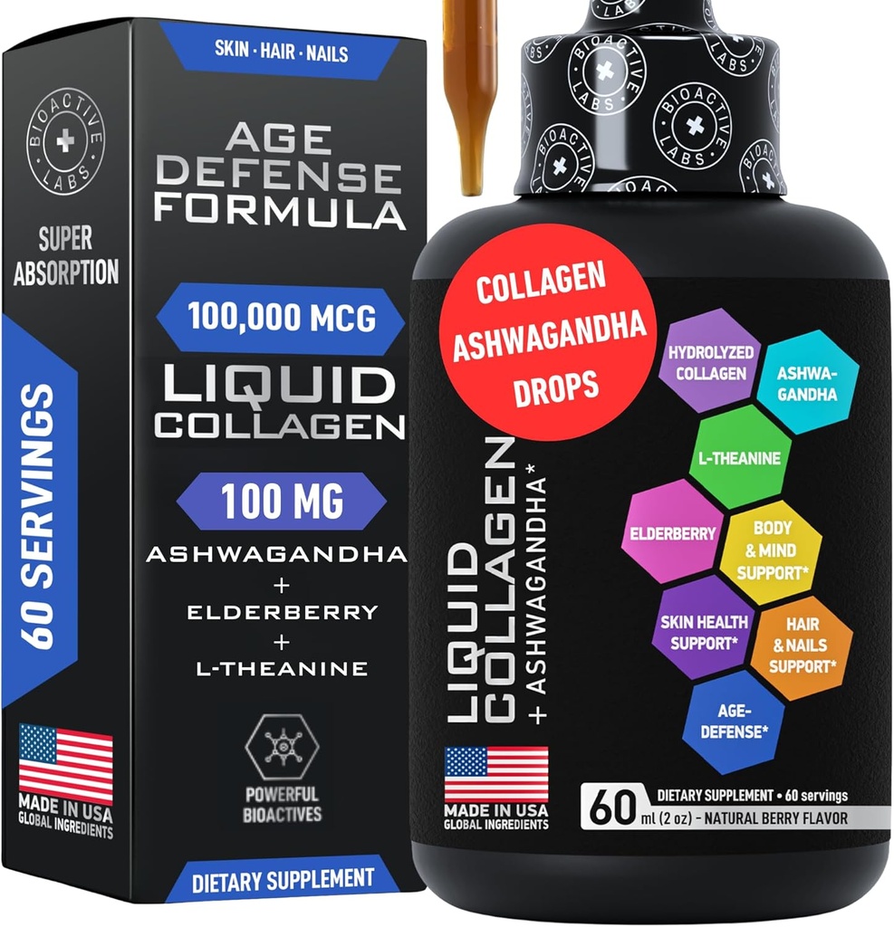 Collagen líquido para mujeres y hombres con calma Ashwagandha - 100.000mcg Bovine Collagen Drink, 100mg Ashwagandha Liquid for Radiant Skin, Hair, Nails, and Immune Support - 2oz Berry Flavor Drops