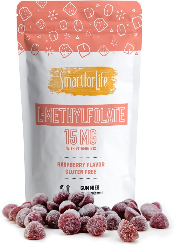Smart for Life L-Methylfolate Gummies with Vitamin B12 Raspberry Flavor - 15mg - 60 Gummies - Active Folate 5 MTHFR Support Suplemento Professional Strength - Doctor Designed Methyl Folate