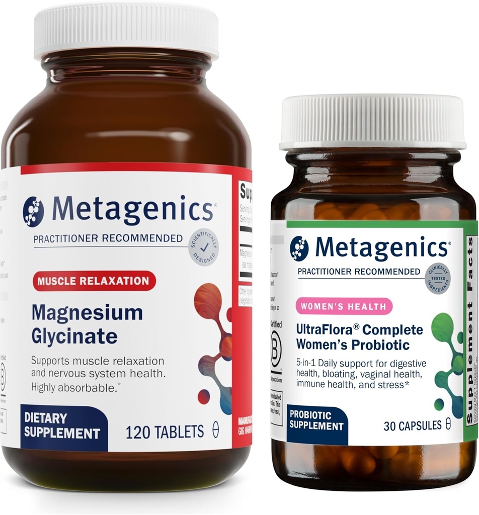 Metagenics Magnesium Glycinate (120 Tablets) &amp; UltraFlora Complete Women's Probiotic (30 Capsules) - Magnesio Absorbable para soporte del sistema nervioso - Ayudas Digestive Health