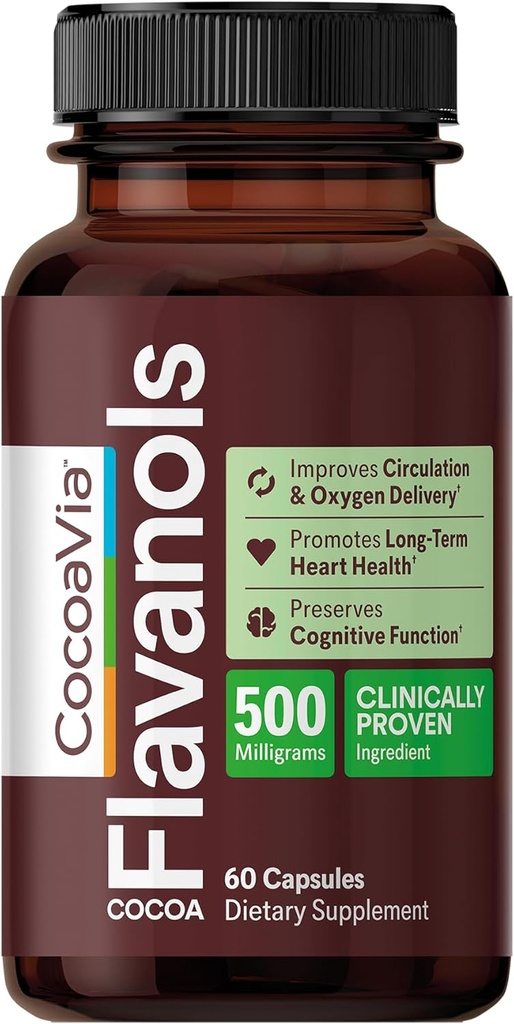 CocoaVia Heart & Brain Supplement, 30 Day, Cocoa Flavanol Extract, Memory & Circulation Booster, Nitric Oxide, Boost Oxygen & Energy, Plant Based, Gluten Free, Vegan, 60 cápsulas