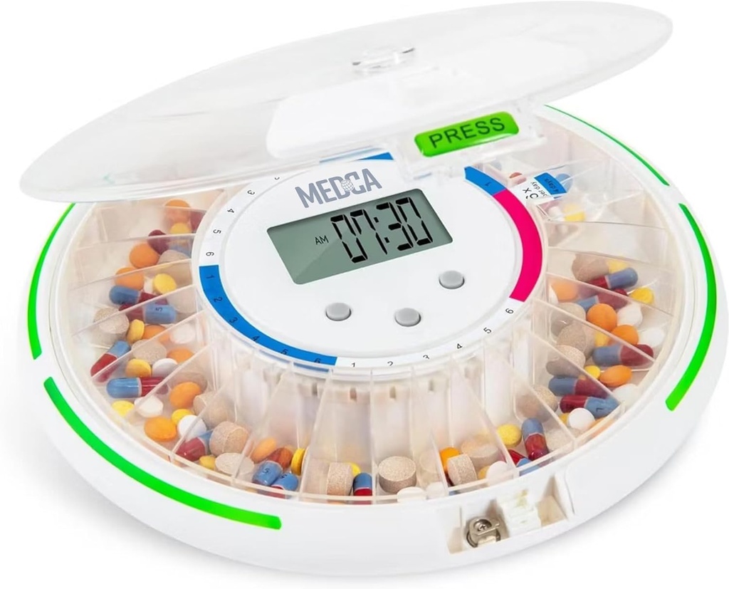 Dispensador automático de píldoras con organizador de medicamentos electrónicos de 28 días - Contenedor de pila bloqueable con pantalla LCD, Alarma de recordatorio de luz y sonido para medicamentos programados para ancianos y ancianos
