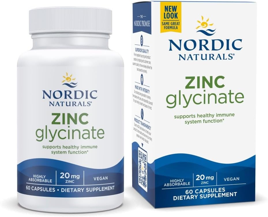 Naturales nórdicos Zinc Glycinate - 60 cápsulas - 20 mg Glycinate Zinc altamente absorbible - Bienestar óptimo - No GMO, Gluten Gratis, Vegan - 30 Servimientos