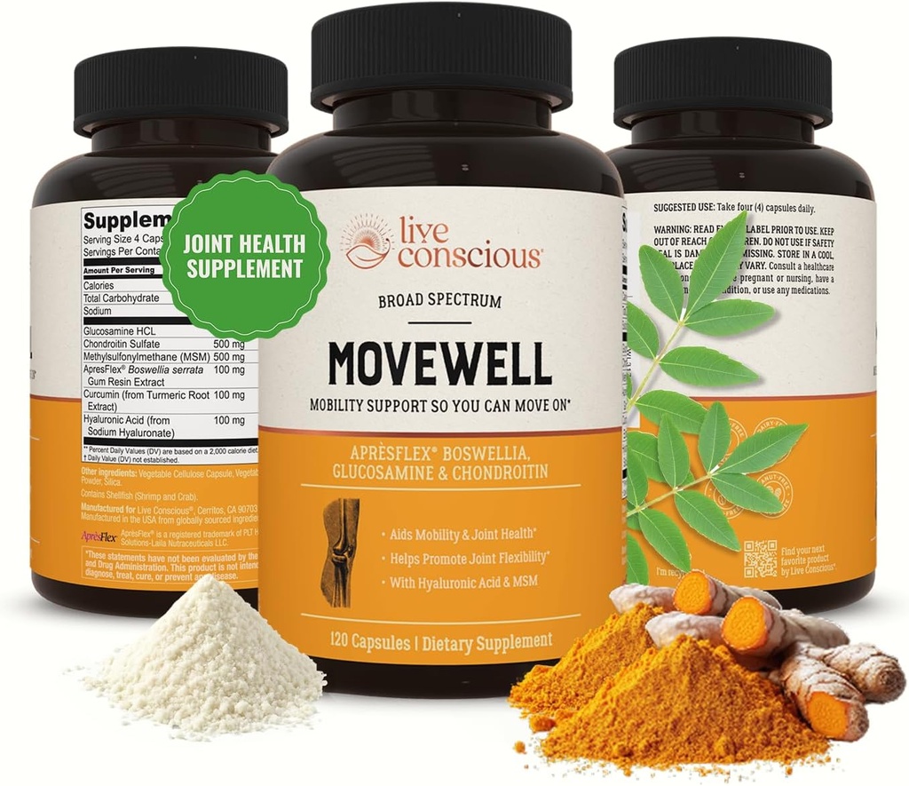 Conscious Glucosamine Chondroitin with MSM, Hyaluronic Acid, and More - MoveWell Joint Health Supplement