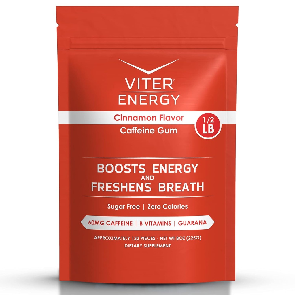 Viter Energy Caffeinated Gum 60mg Caffeine, B Vitaminas, Guarana, Sugar Gratis. (Cinnamon, 8oz, Bulk Bag)