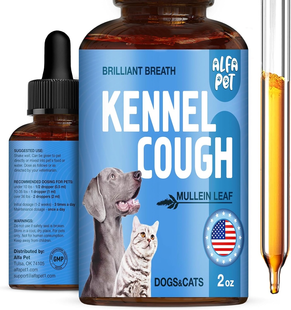 Tratamiento de la tos de perro líquido • Tos de Kennel para perros &amp; gatos • para respirar durante todo ciclo de vida • Bota de malvaviscos + hoja de muleina en la composición • Suplemento natural para todas las razas • 2 Oz