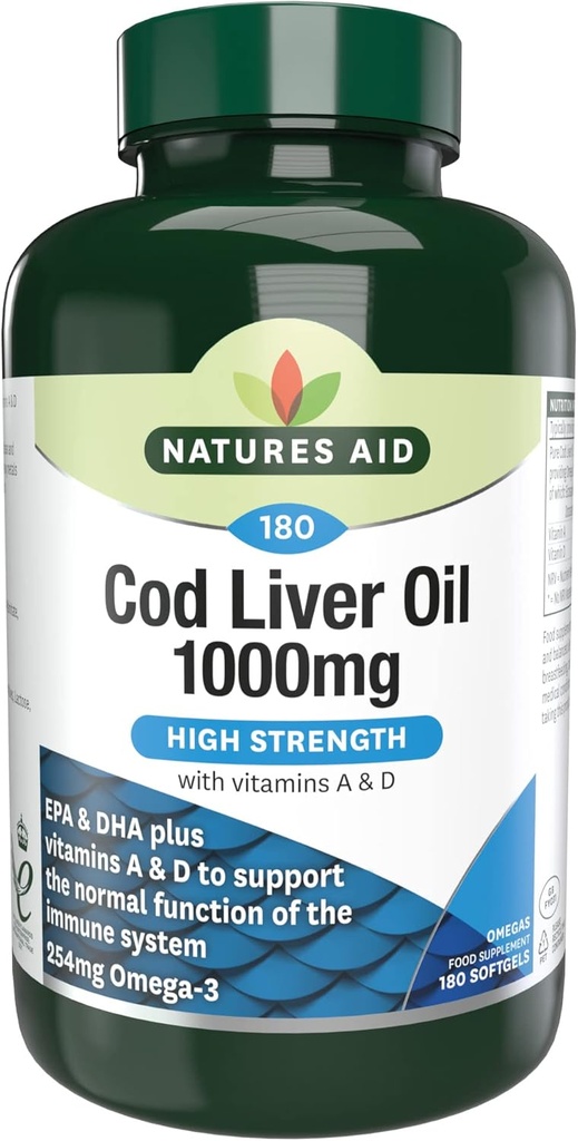 Natures Aid High Strength Cod Liver Oil 1000mg con vitamina A &amp; D - 180 cápsulas
