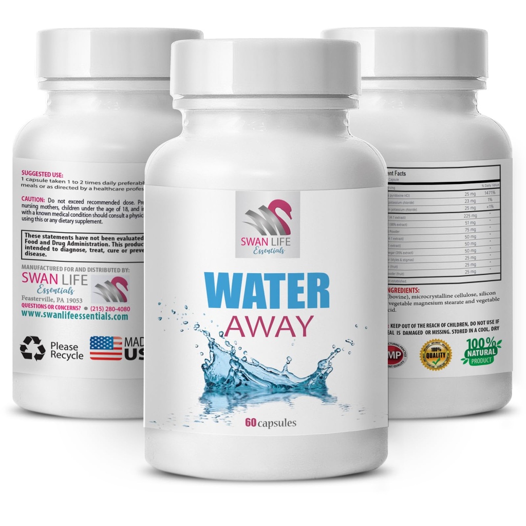 Wellness herbal - WATER AWAY - Fórmula diurética, Soporte de agua, Equilibrio de líquido natural, cápsulas diuréticas, balance de fluidos herbarios, Apoyo natural, Suplemento de equilibrio de agua 1 Botella 60 cápsulas