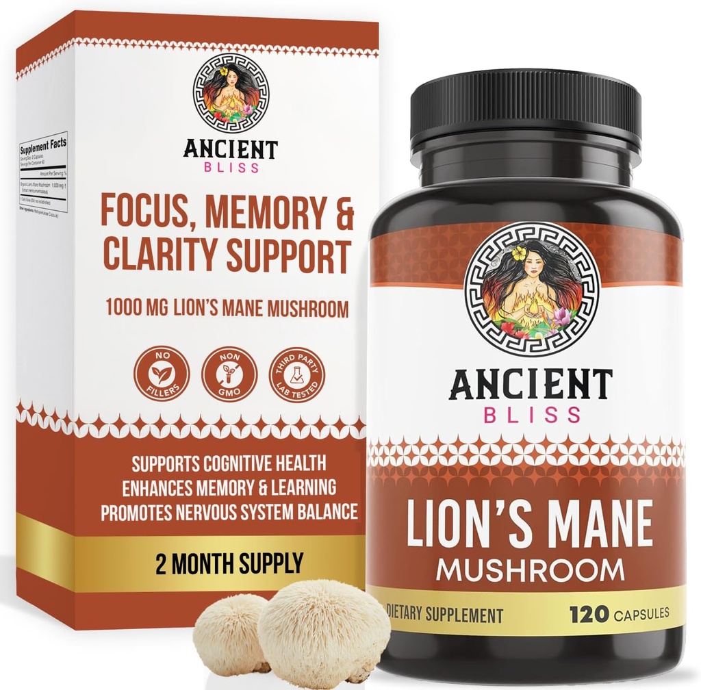 Suplemento Mane de León de la antigua Bliss (2 Mes de Suministro)- 120 Vegan Mushroom Capsules- Mayo Apoyo a la Claridad Mental, Energía &amp; Mayo Focus- Memoria &amp; Immune Apoyo Mushroom Suplemento