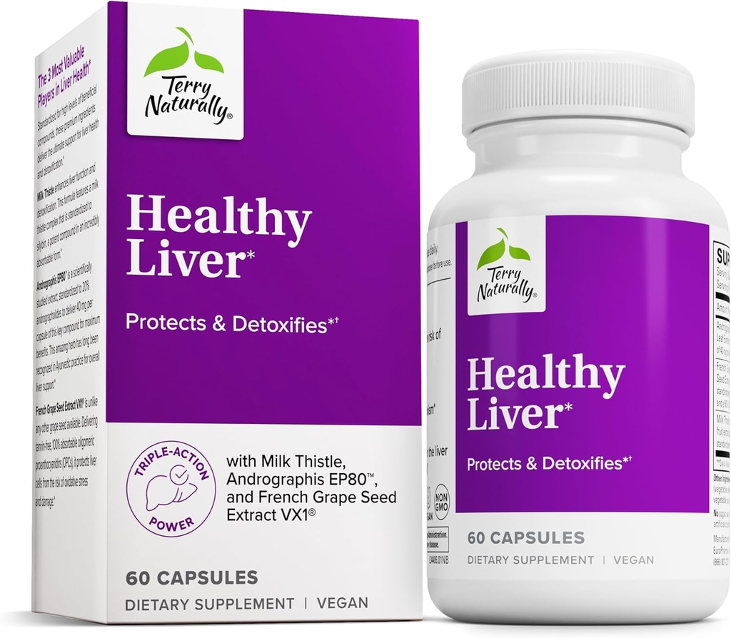 Terry Naturally Healthy Liver - Función del hígado &amp; Health Support Supplement - Cellular Health Support with Andrographis EP80 " French Grape Seed Extract - Gluten-Free Dietary Supplement - 60 Capsules