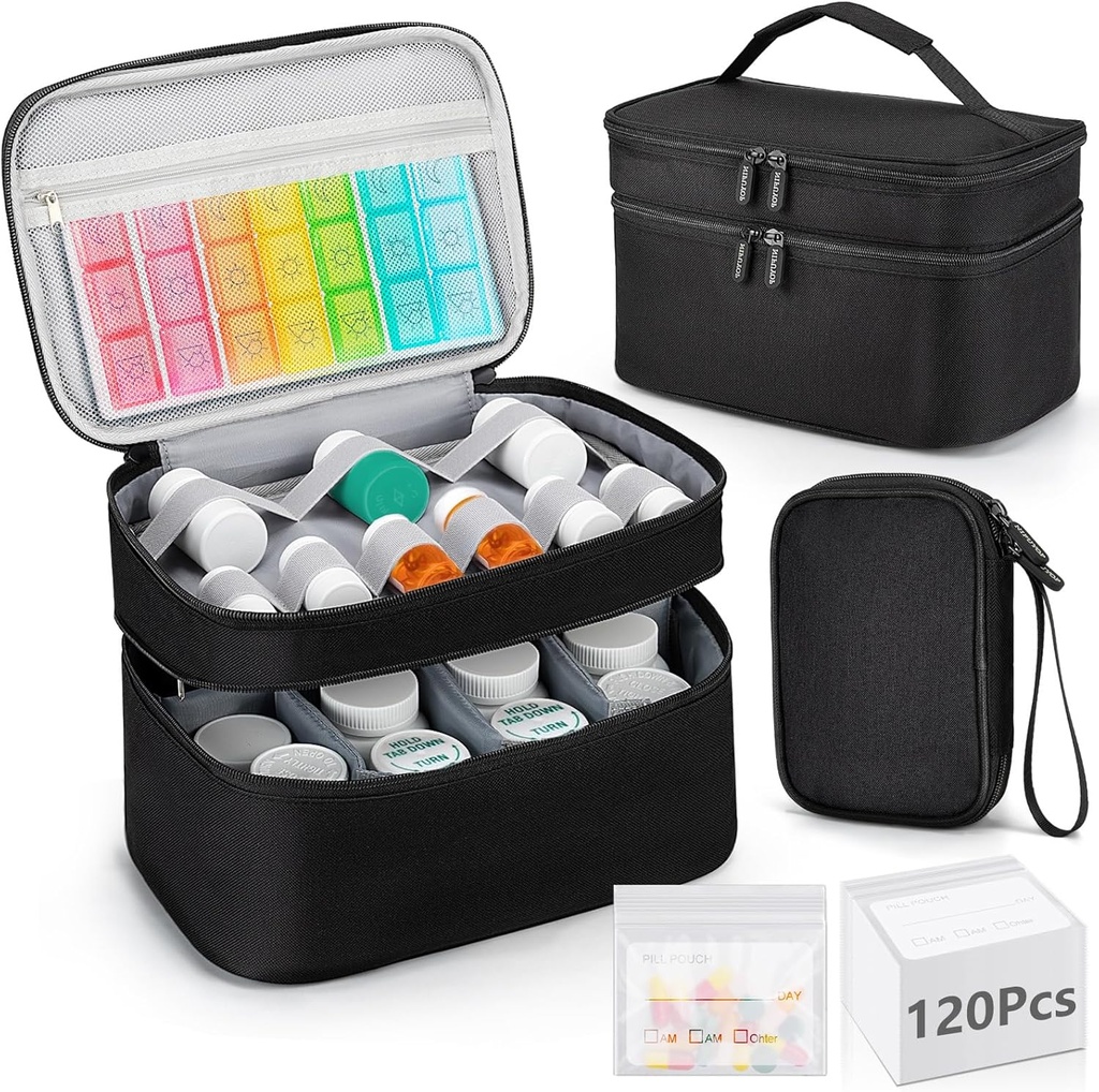 Bolsa de Organizador de Medicina, Almacenamiento de Botellas de Doble capas con 120 Pill Pouch Travel Baggies, Bolsa de Almacenamiento de Medicina Portátil para Píldoras, Vitaminas, Suministros Médicos para Almacenamiento en el Hogar, Primera Ayuda