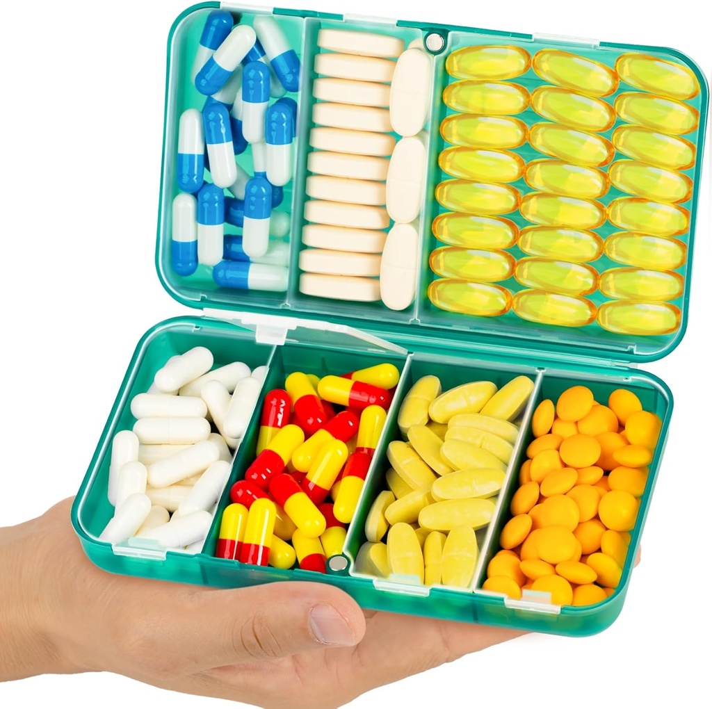 Yaklim Magnetic Travel Pill Organizer, 7 Compartments Portable Pill Box, Gran organizador de vitaminas con etiquetas, Daily Pill Case Medicine Organizer, Big Supplement Organizer Magnnet Pill Container Green