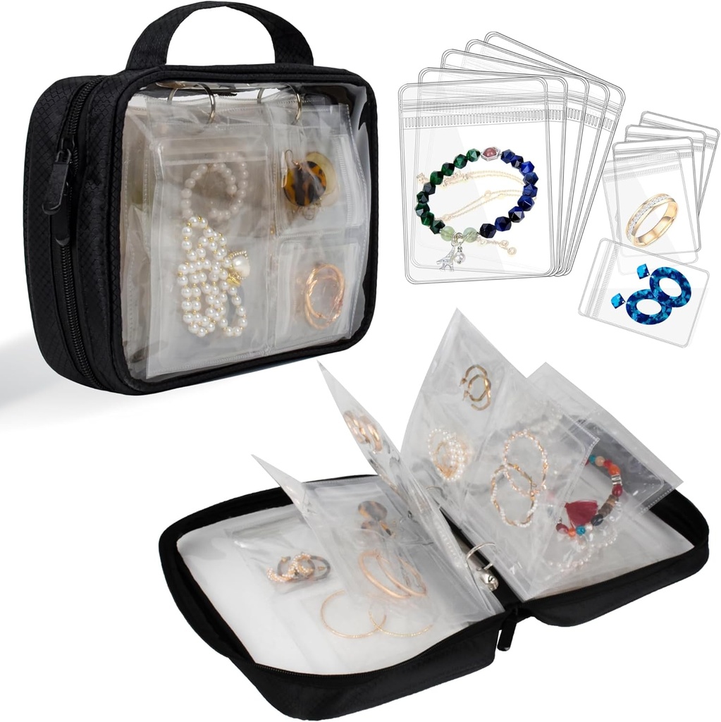 Caja de Joyas de Viajes Caja de Joyería Transparente Libro Binder Bolsa para Pendientes, Anillos, Collar, Pulsera, Negro