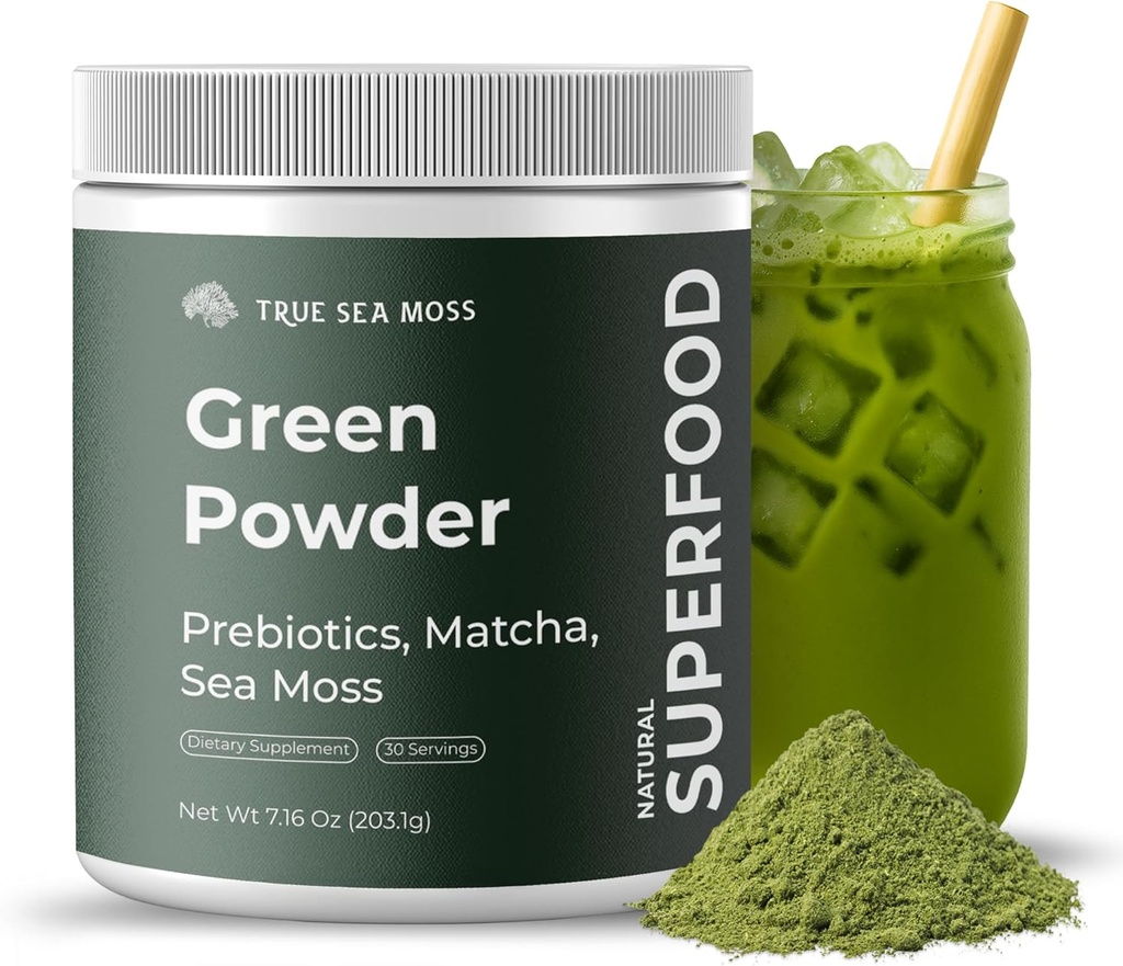 Super Greens Powder con Matcha for Digestive & Gut Health – 25 Ecológicos Superalimentos con Probióticos, Prebióticos, Enzymes & Sea Moss – Vegan Superfood Powder for Bloating & Regularity - 30 Servimientos