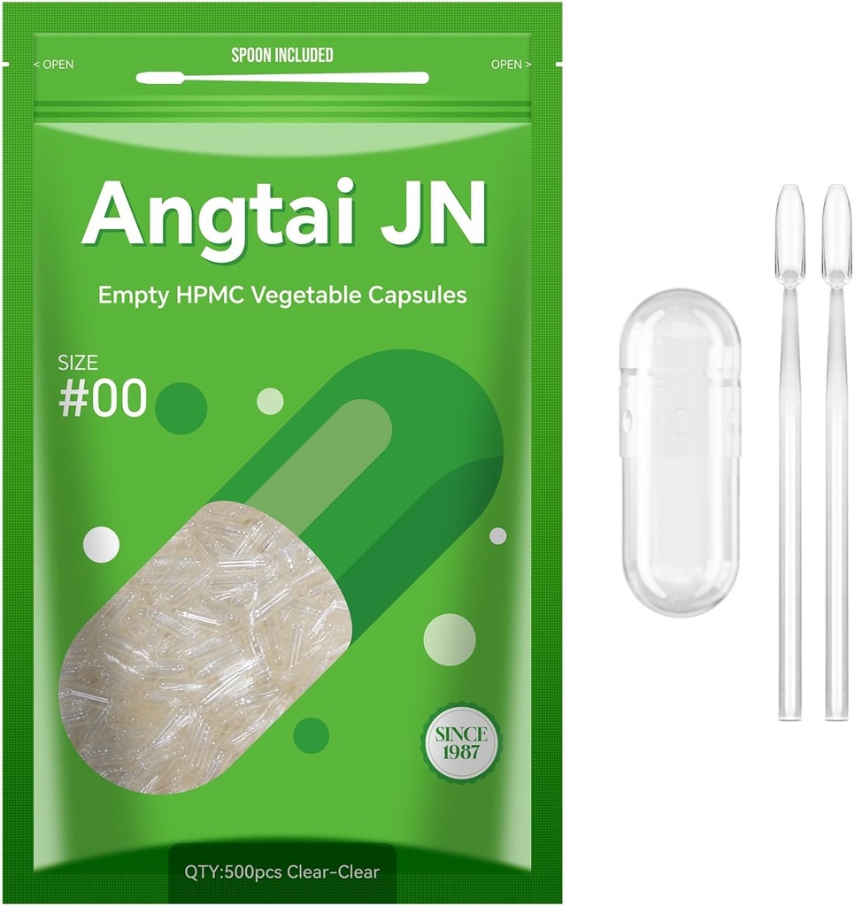Empty Capsules,AngtaiJN 500 Count Clear Vegetarian Capsules,Size 00 DIY Pill Capsules Filling Empty Caps,with Micro Lab Spoon,Kosher,ISO9001,Gluten Free, Halal Certified,Non-GMO Certified