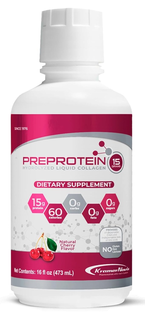 PreProtein 15® Liquid Hydrolyzed Collagen Peptides Protein (16 FL Oz) – Sugar-Free, Cherry Flavor, Amino Acids, Fat Free & Gluten Free Supplement for Bariatric Patients, Wound Recovery, Dialysis