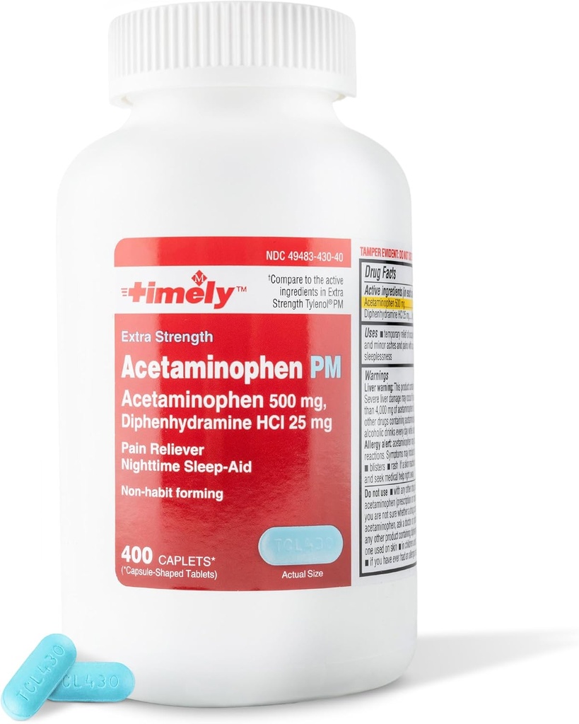 Lágrimas de hora, INC. Timely Acetaminophen PM - Extra Strength PM - 400 Cuenta - Comparado con Tylenol PM Extra Strength - Doin Relief PM for a Good Night Sleep - Made in USA