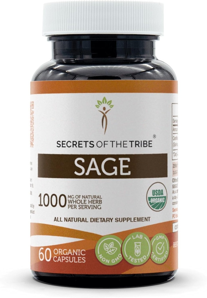 Secretos de la Triba Sage USDA Organic 60 Capsules  Hecho con cápsulas vegetarianas orgánicas y sabio orgánico (Salvia officinalis) Hoja seca (60 cápsulas)