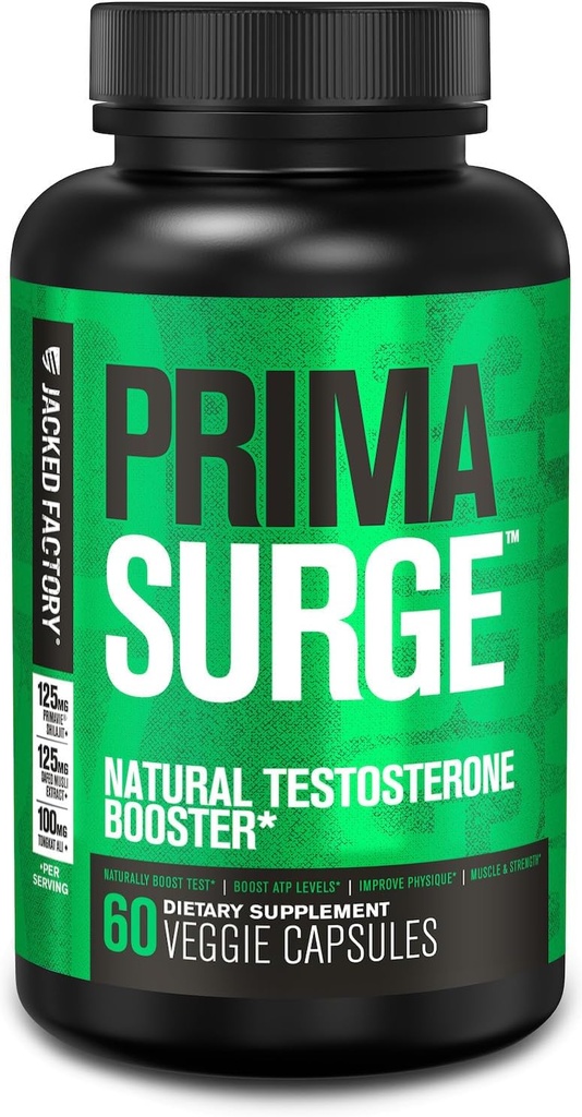 Jacked Factory Testosterone Booster for Men PRIMASURGE - w/Tongkat Ali, PrimaVie, Ashwagandha - Boost Vitality, Muscle Growth & Energy ← Natural Test Booster Supplement - 60 Veggie Pills