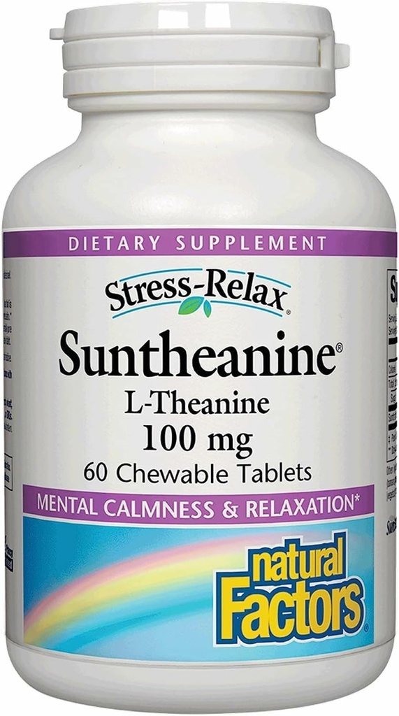 Factores naturales Suntheanine L-Theanine 100 mg - Suplemento de salud para la calma Outlook - L-Theanine Suplemento soporta Ayudas relajantes al sueño contra la somnolencia - 60 Tablas Chewable (30 Servimientos)